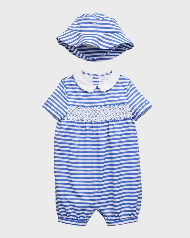 Boy's Cotton Poplin Smocked Shortalls and Hat Set, Size 9M-24